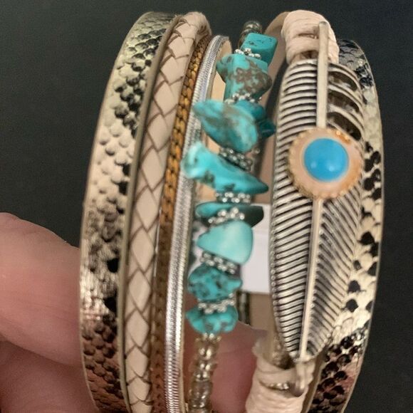 Western Boho Bracelet | Gold Layered Cuff with Faux Turquoise Stones & Feather - Picture 7 of 8